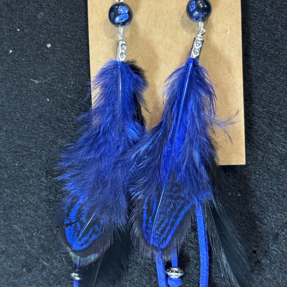 Elegant Blue And Black Feather Earrings